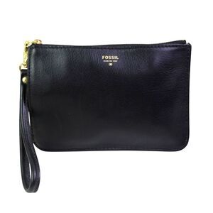 NWT Fossil BLACK GENUINE LEATHER ZIP TOP HANDBAG CLUTCH WRISTLET WALLET POUCH